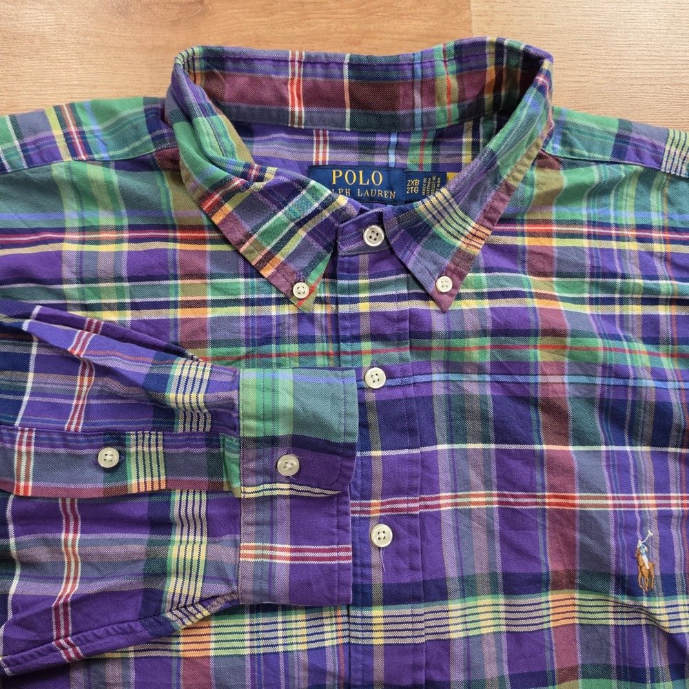 Polo Ralph Lauren Button Down Mens 2XB Purple Plaid Long Sleeve Pony Big & Tall